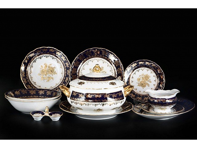 Столовый сервиз Офелия Золотая роза Кобальт Мелкий узор MZ на 6 персон 27 предметов