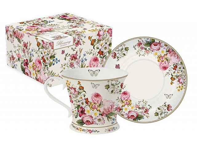 Чашка с блюдцем R2S Цветочный карнавал, светлая