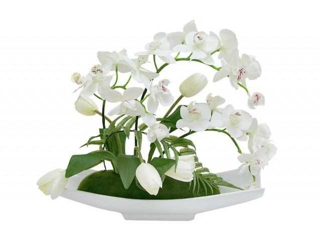 Декоративные цветы Dream Garden Орхидея белая c тюльпанами на подставке
