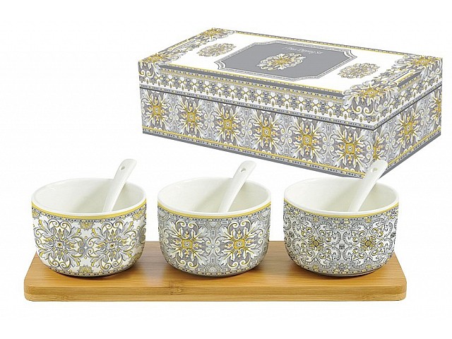 Набор салатников с ложками на подносе Майолика (серая) Easy Life