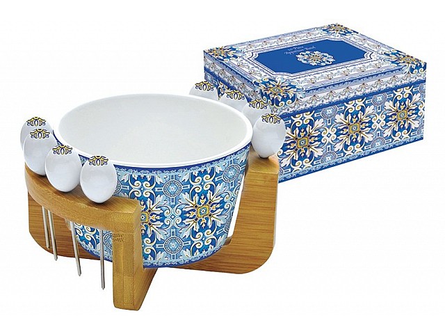 Салатник и 8 шпажек на подставке Майолика (голубая) Easy Life