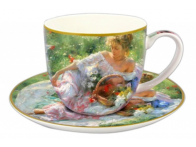 Чашка с блюдцем Carmani Девушка с корзиной цветов