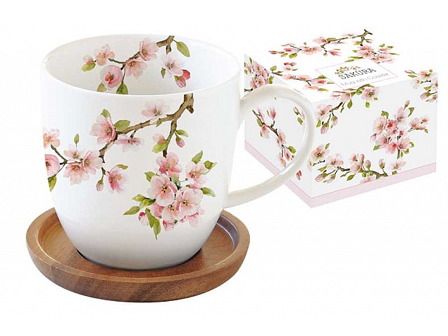 Кружка с крышкой/подставкой из акации Японская сакура Easy Life R2S
