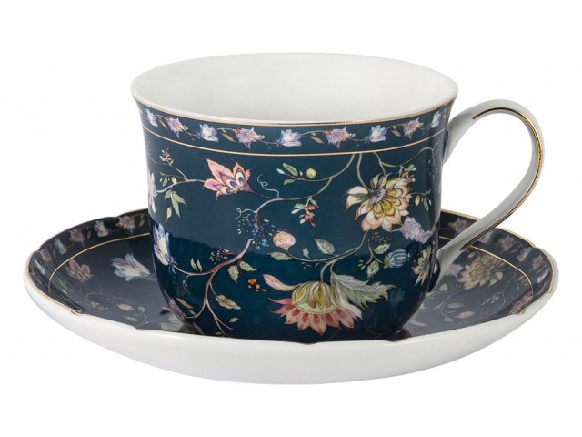 Чашка с блюдцем Флора синяя большая 0,4 л