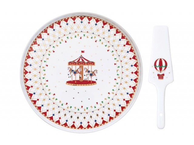 Блюдо для торта с лопаткой Рождественская карусель Easy Life 32 см