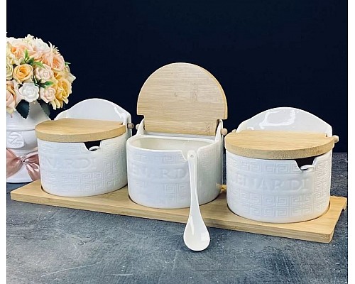 Набор из 3 банок для специй 420 мл с крышками и ложками на подставке Bamboo Lenardi