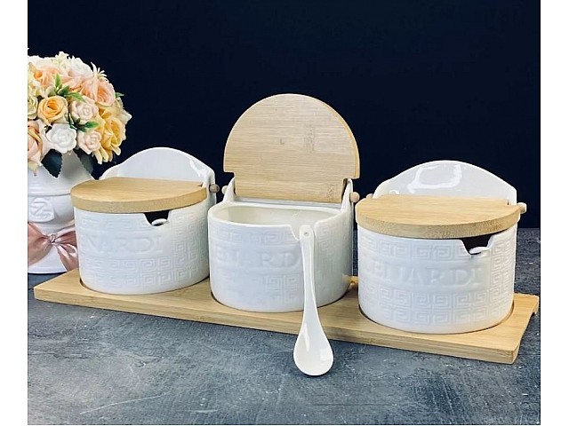 Набор из 3 банок для специй 420 мл с крышками и ложками на подставке Bamboo Lenardi
