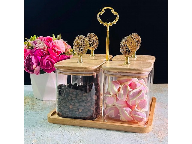 Набор из 4 банок 850 мл для сыпучих продуктов на подставке Bamboo Lenardi