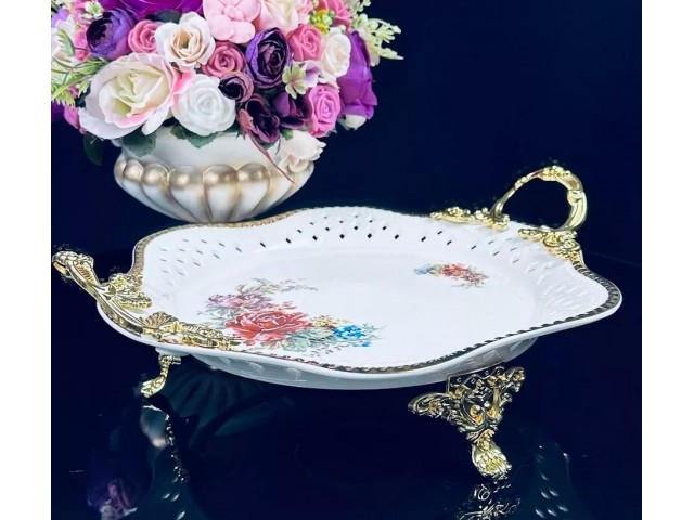 Блюдо круглое 33 см Астория Lenardi на ножках с ручками