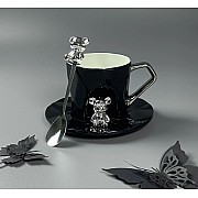 Чашка 250 мл с блюдцем и ложкой Мишки Lenardi черная