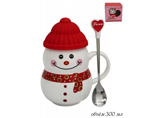 Кружка с крышкой и ложкой Новогодний Снеговик Lenardi красный