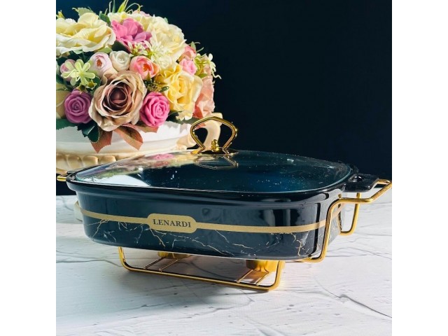 Мармит прямоугольный сервировочный 28 см с крышкой на подставке Marble black Lenardi