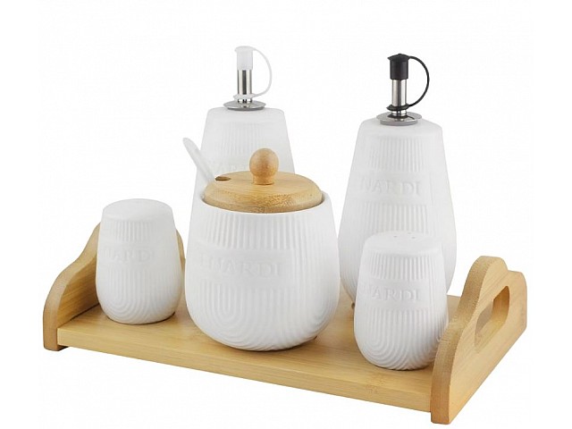 Набор для специй с сахарницей и бутылки для масла/уксуса 5 предметов на подставке Bamboo Lenardi