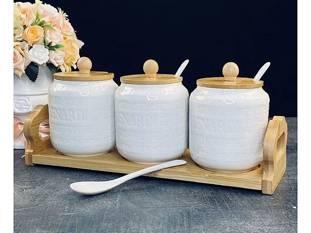 Набор из 3 банок 350 мл для специй с крышками и ложками на подставке Bamboo Lenardi