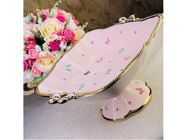 Квадратная фруктовница Lenardi Бабочки розовые 37 см на ножке