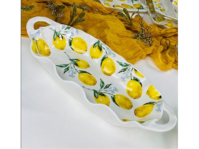 Овальное глубокое блюдо 35,5 см с ручками Лимоны Lenardi