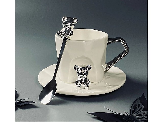 Чашка 250 мл с блюдцем и ложкой Мишки Lenardi белая