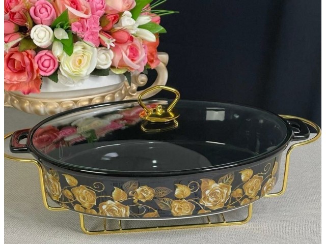 Мармит сервировочный овальный 38 см с крышкой на подставке Rox Lenardi