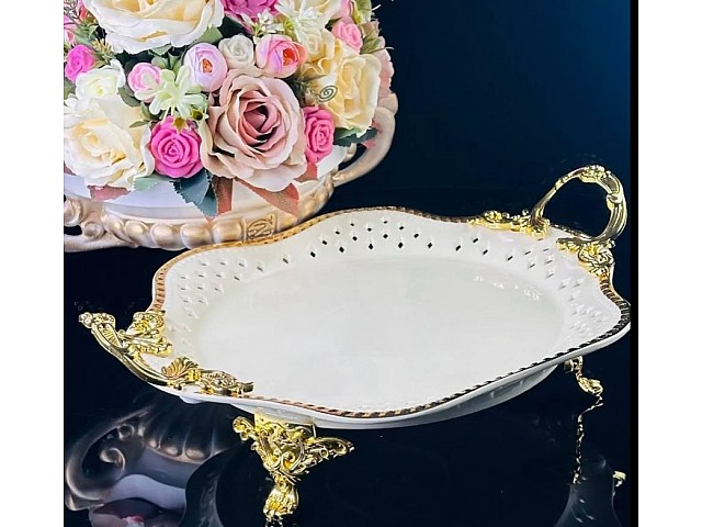 Блюдо 28 см с перфорацией Atlantis Cream Lenardi на ножках с ручками