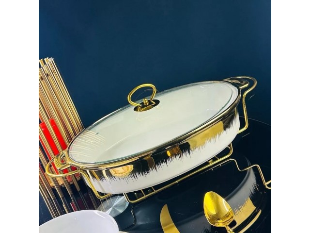 Мармит сервировочный овальный 33 см с крышкой на подставке Rox white Lenardi