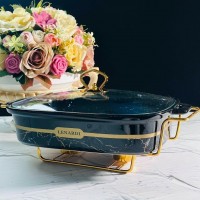 Мармит прямоугольный сервировочный 38 см с крышкой на подставке Marble black Lenardi