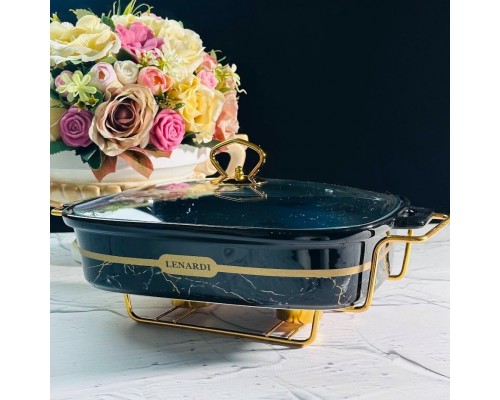 Мармит прямоугольный сервировочный 38 см с крышкой на подставке Marble black Lenardi