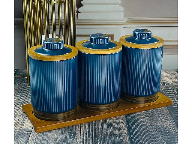 Набор из 3 банок для сыпучих продуктов на подставке Wood Lenardi синий