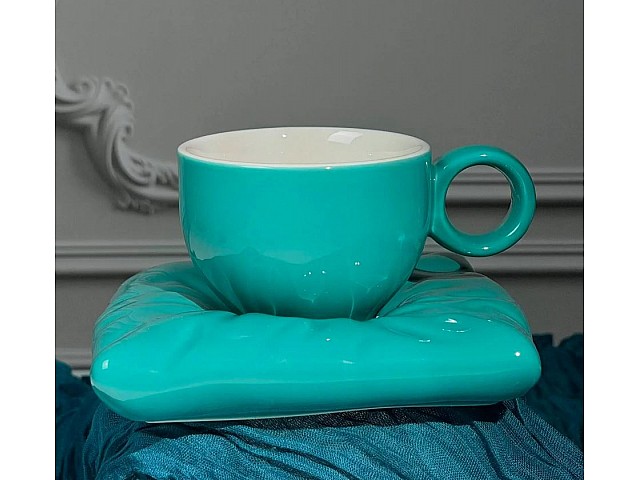 Чашка 220 мл с блюдцем Pillow Lenardi бирюзовая Чашка 220 мл с блюдцем Pillow Lenardi бирюзовая
