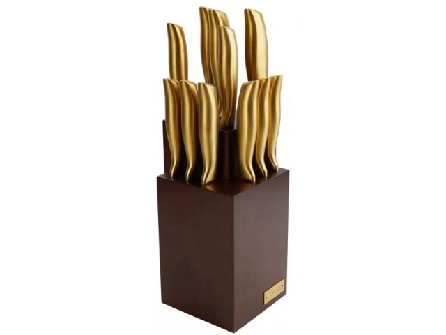 Набор золотых ножей Style Lenardi 11 предметов в коричневой подставке