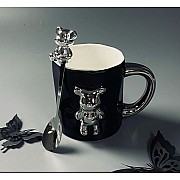 Кружка 350 мл с ложкой Мишки Lenardi черная