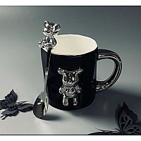 Кружка 350 мл с ложкой Мишки Lenardi черная