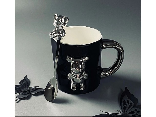 Кружка 350 мл с ложкой Мишки Lenardi черная