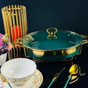 Мармит сервировочный овальный 28 см с крышкой на подставке Rox green Lenardi