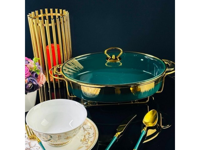 Мармит сервировочный овальный 28 см с крышкой на подставке Rox green Lenardi