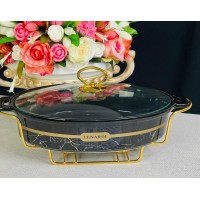 Мармит сервировочный овальный 28 см с крышкой на подставке Marble black Lenardi