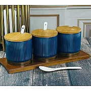 Набор из 3 банок для специй с ложками на подставке Wood Lenardi синий