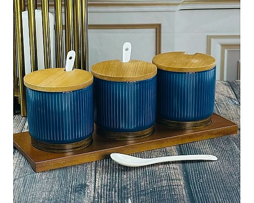 Набор из 3 банок для специй с ложками на подставке Wood Lenardi синий