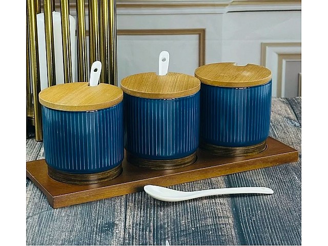 Набор из 3 банок для специй с ложками на подставке Wood Lenardi синий