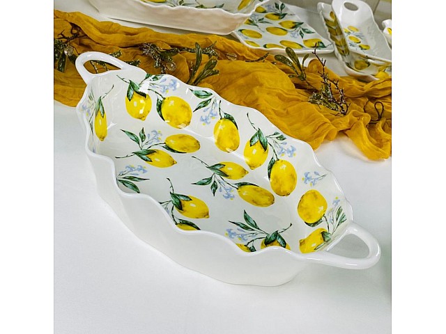 Овальное глубокое блюдо 38 см с ручками Лимоны Lenardi