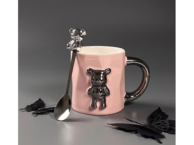 Кружка 350 мл с ложкой Мишки Lenardi розовая