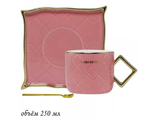 Чайная пара с ложкой Comfortable Lenardi розовая 210 мл