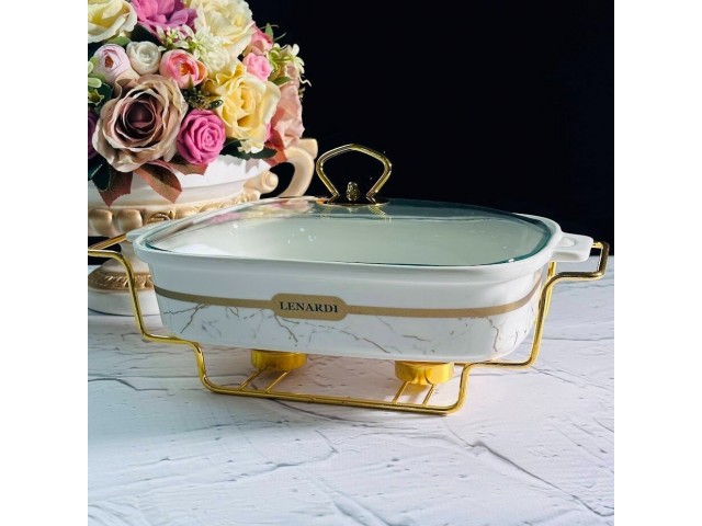 Мармит прямоугольный сервировочный 28 см с крышкой на подставке Marble Lenardi