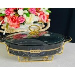 Мармит сервировочный овальный 33 см с крышкой на подставке Marble black Lenardi
