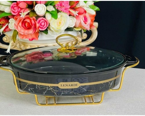 Мармит сервировочный овальный 33 см с крышкой на подставке Marble black Lenardi