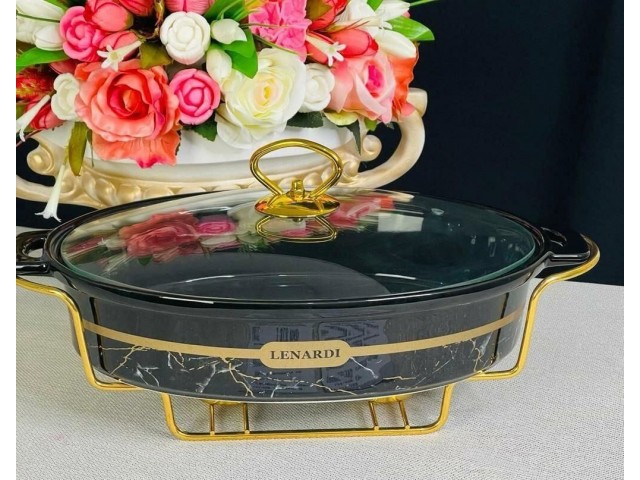Мармит сервировочный овальный 33 см с крышкой на подставке Marble black Lenardi