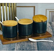 Набор из 3 банок для специй с ложками на подставке Wood Lenardi черный