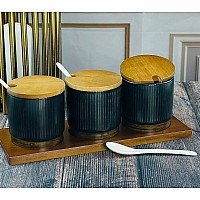 Набор из 3 банок для специй с ложками на подставке Wood Lenardi черный