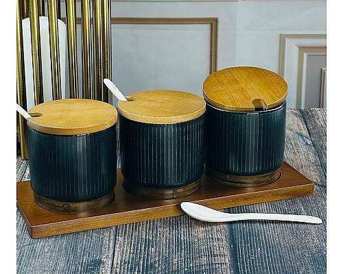Набор из 3 банок для специй с ложками на подставке Wood Lenardi черный