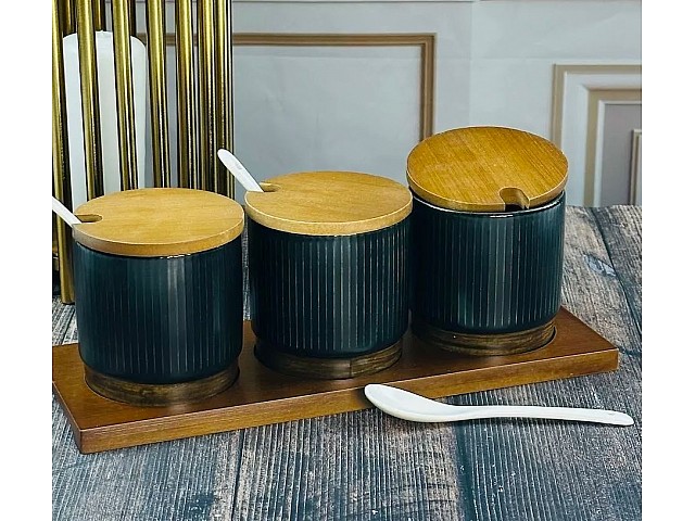 Набор из 3 банок для специй с ложками на подставке Wood Lenardi черный
