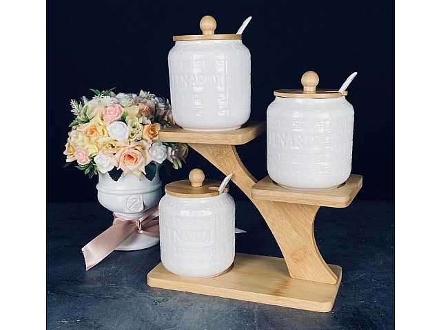 Набор из 3 банок 340 мл для специй с ложкамим на подставке Bamboo Lenardi